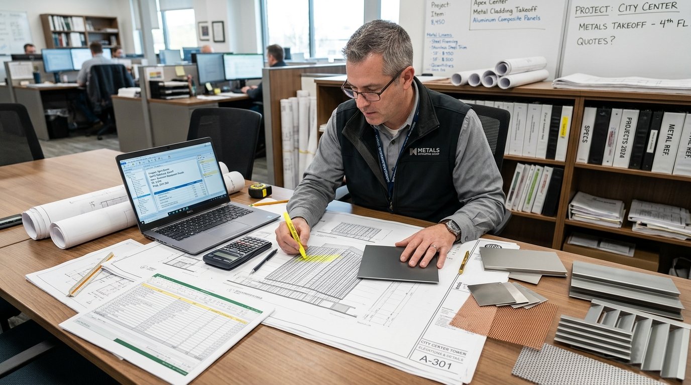 professional estimator reviewing blueprints on a digital tablet at an Alaska construction site